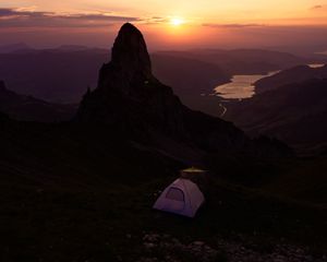 Preview wallpaper mountains, sunset, tent, camping, nature