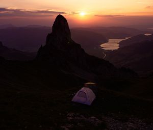 Preview wallpaper mountains, sunset, tent, camping, nature