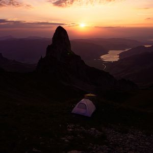 Preview wallpaper mountains, sunset, tent, camping, nature