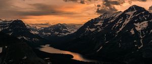 Preview wallpaper mountains, sunset, top, lake, clouds