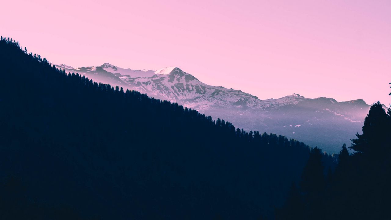 Wallpaper mountains, sunset, trees, sky, pink