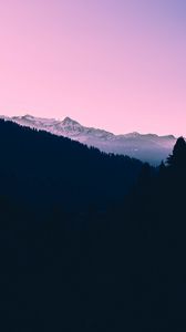 Preview wallpaper mountains, sunset, trees, sky, pink