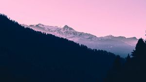 Preview wallpaper mountains, sunset, trees, sky, pink