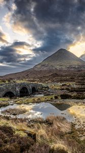 Preview wallpaper mountains, swamp, bridge, road, landscape