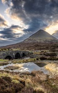 Preview wallpaper mountains, swamp, bridge, road, landscape