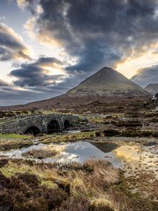 Preview wallpaper mountains, swamp, bridge, road, landscape