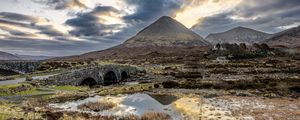 Preview wallpaper mountains, swamp, bridge, road, landscape