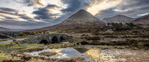 Preview wallpaper mountains, swamp, bridge, road, landscape