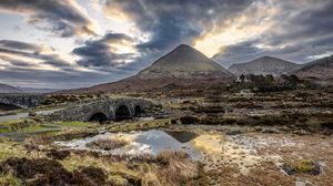 Preview wallpaper mountains, swamp, bridge, road, landscape