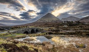 Preview wallpaper mountains, swamp, bridge, road, landscape