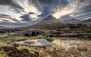 Preview wallpaper mountains, swamp, bridge, road, landscape