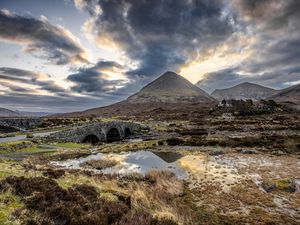 Preview wallpaper mountains, swamp, bridge, road, landscape