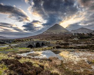 Preview wallpaper mountains, swamp, bridge, road, landscape