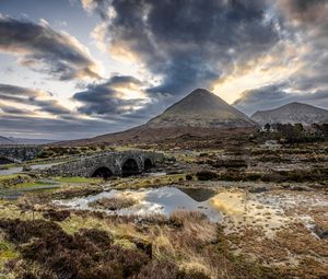 Preview wallpaper mountains, swamp, bridge, road, landscape