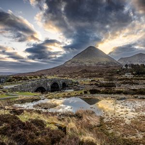 Preview wallpaper mountains, swamp, bridge, road, landscape