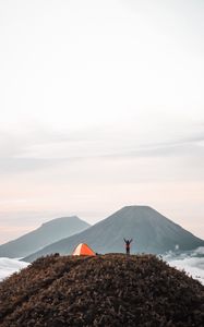 Preview wallpaper mountains, tent, person, camping, nature