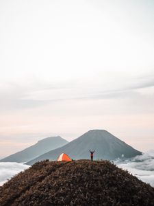 Preview wallpaper mountains, tent, person, camping, nature