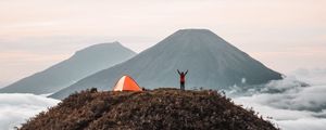 Preview wallpaper mountains, tent, person, camping, nature