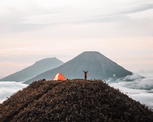 Preview wallpaper mountains, tent, person, camping, nature