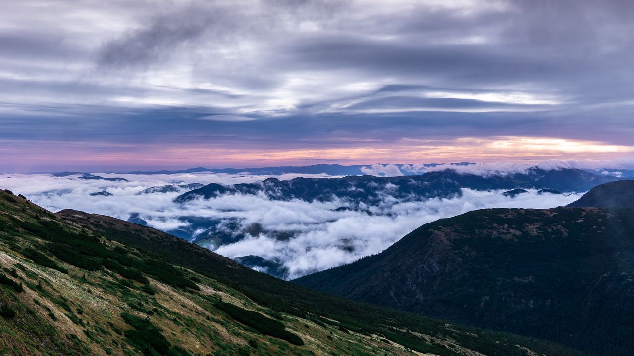 Wallpaper mountains, top, clouds, sunset, sky, porous