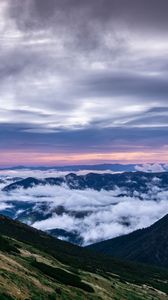 Preview wallpaper mountains, top, clouds, sunset, sky, porous