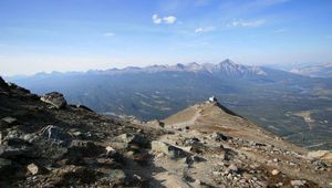 Preview wallpaper mountains, top, height, stones, track, structure