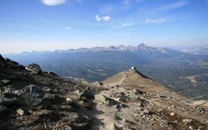 Preview wallpaper mountains, top, height, stones, track, structure