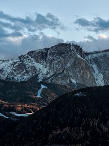 Preview wallpaper mountains, top, sky, trees, clouds