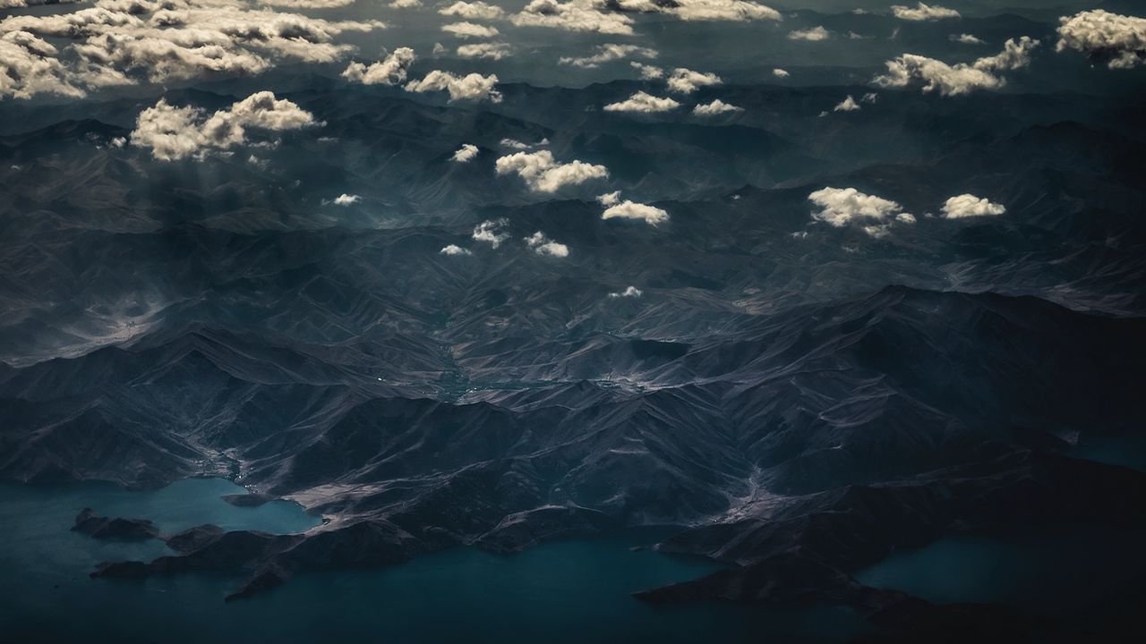 Wallpaper mountains, top view, lake, clouds, dark