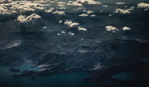 Preview wallpaper mountains, top view, lake, clouds, dark