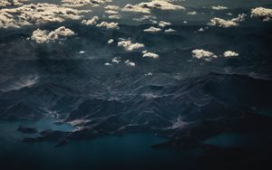 Preview wallpaper mountains, top view, lake, clouds, dark
