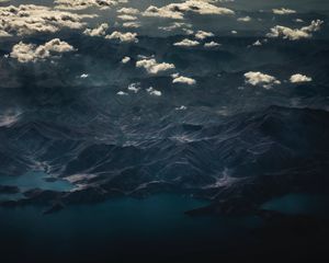 Preview wallpaper mountains, top view, lake, clouds, dark