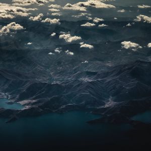 Preview wallpaper mountains, top view, lake, clouds, dark