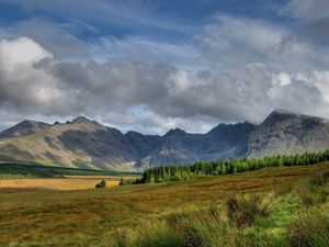 Preview wallpaper mountains, tops, clouds, trees, glade