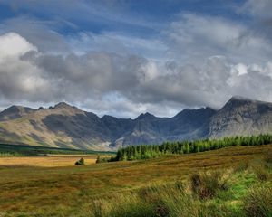 Preview wallpaper mountains, tops, clouds, trees, glade