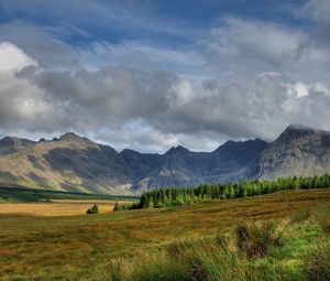 Preview wallpaper mountains, tops, clouds, trees, glade