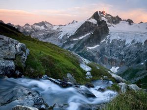 Preview wallpaper mountains, tops, cold, river, slope