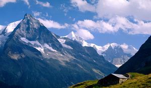 Preview wallpaper mountains, tops, small house, meadow, snow, grass, greens, switzerland