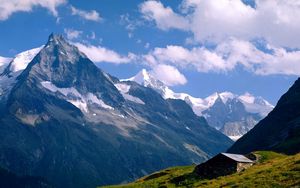 Preview wallpaper mountains, tops, small house, meadow, snow, grass, greens, switzerland