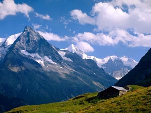 Preview wallpaper mountains, tops, small house, meadow, snow, grass, greens, switzerland