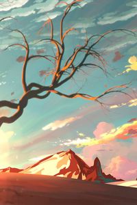 Preview wallpaper mountains, tree, branches, art, sunlight