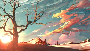 Preview wallpaper mountains, tree, branches, art, sunlight