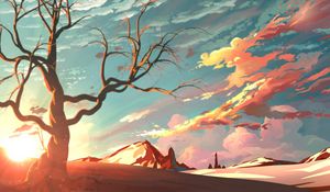 Preview wallpaper mountains, tree, branches, art, sunlight