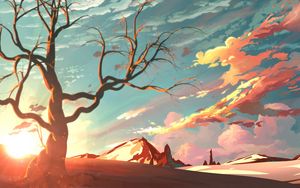 Preview wallpaper mountains, tree, branches, art, sunlight