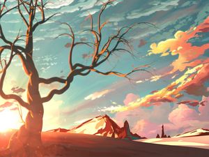 Preview wallpaper mountains, tree, branches, art, sunlight