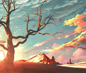 Preview wallpaper mountains, tree, branches, art, sunlight
