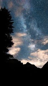 Preview wallpaper mountains, tree, starry sky, silhouette, dark