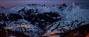 Preview wallpaper mountains, trees, aerial view, light, snow, peaks