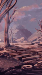 Preview wallpaper mountains, trees, branches, cranny, art