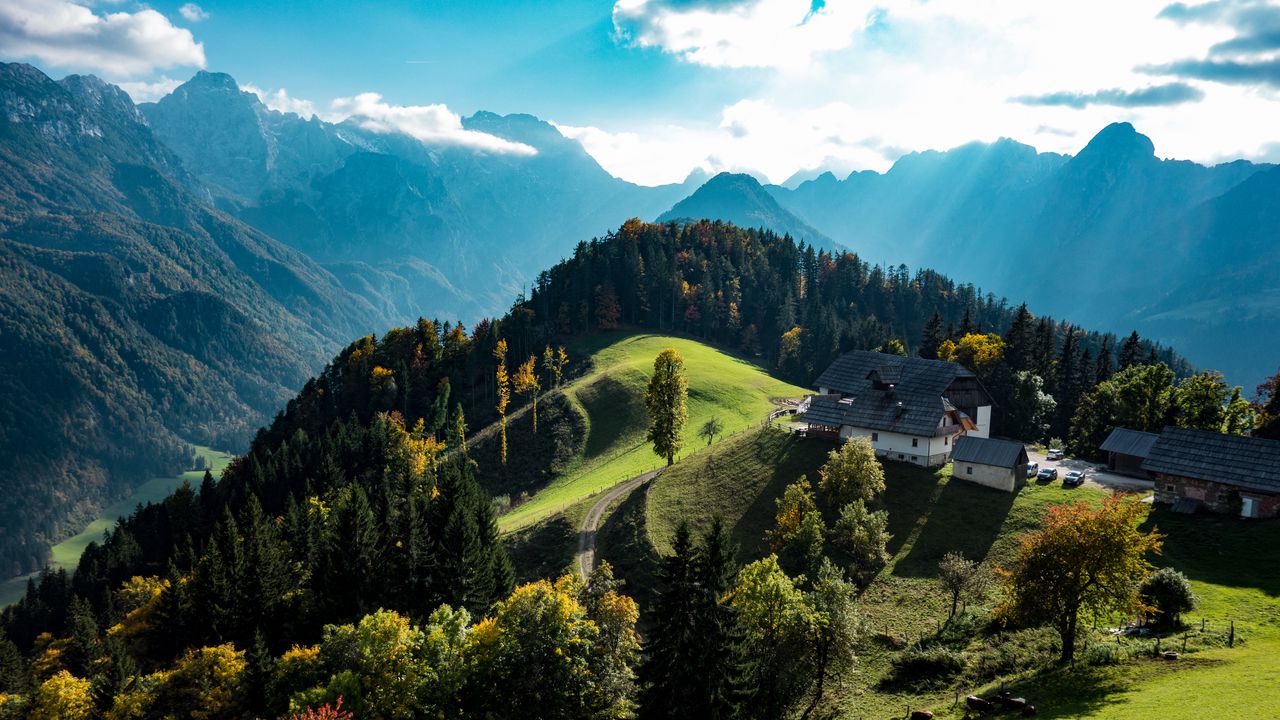 Wallpaper mountains, trees, building, nature, landscape
